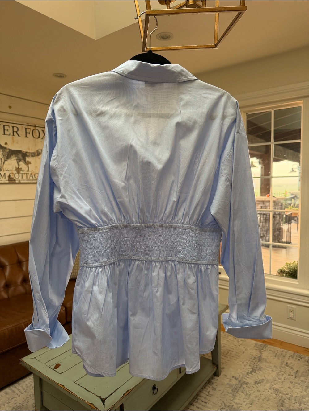 Dynamite Pale Blue Smocked-Waist Button-Down Shirt